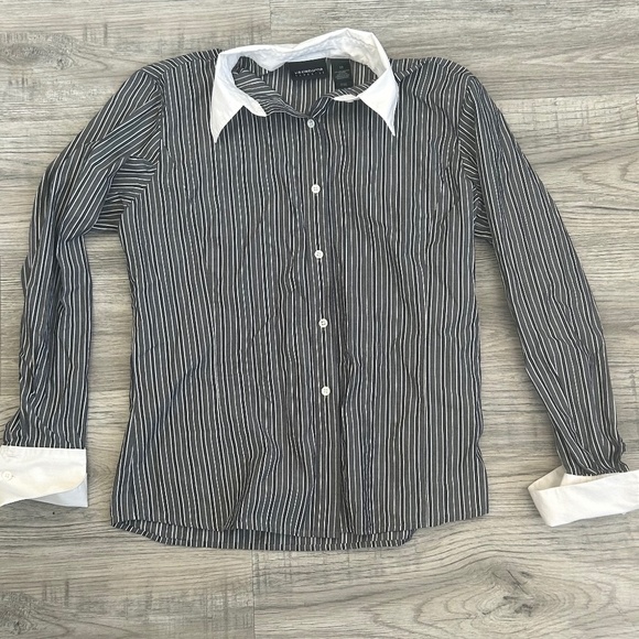 Liz Claiborne Classics Black w/ Strips & White Accents  Button Down Top Sz 10 - Picture 1 of 8